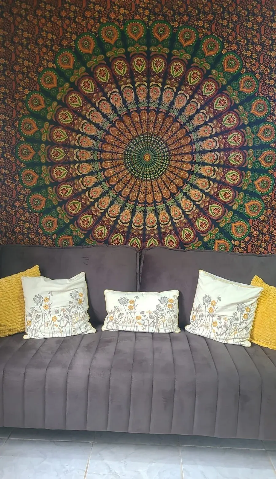 Sofá com almofadas e mandala decorando a casa de Elisete antes do incêndio